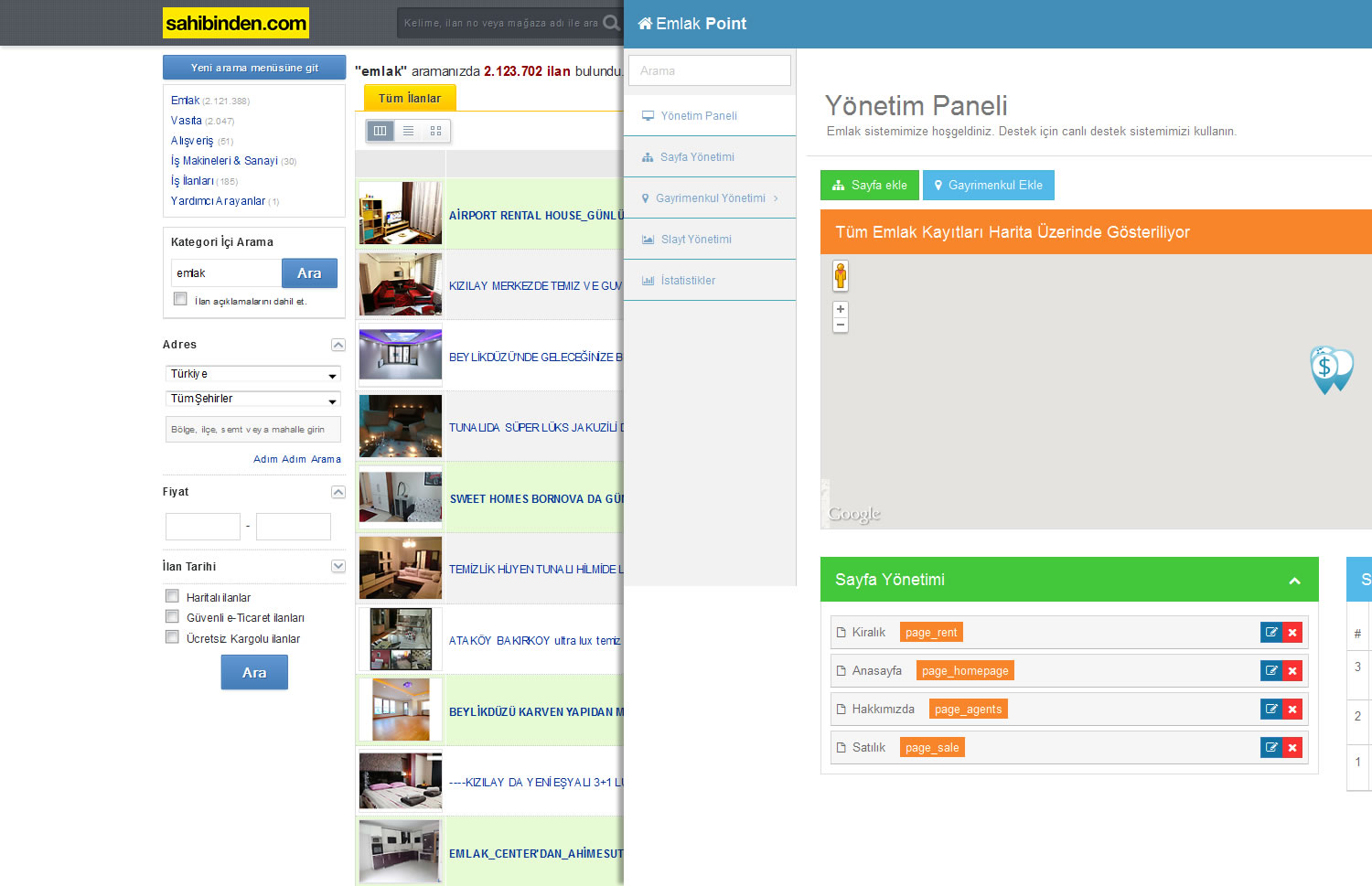 Sahibinden.com ile Entegre Çalışan Emlak Sitesi